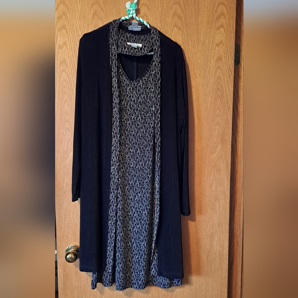 Black and Gold Patterned Dress with Long Open Cardigan